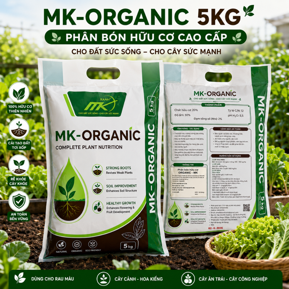 Phân Bón Hữu Cơ MK Organic 5KG Dạng Bột – Kích Rễ Mạnh, Cải Tạo Đất, Dưỡng Cây Xanh Tốt Cho Cây Cảnh,Rau Sạch