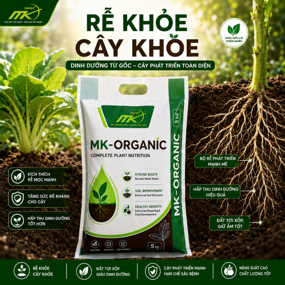 Phân Bón Hữu Cơ MK Organic 5KG Dạng Bột – Kích Rễ Mạnh, Cải Tạo Đất, Dưỡng Cây Xanh Tốt Cho Cây Cảnh,Rau Sạch