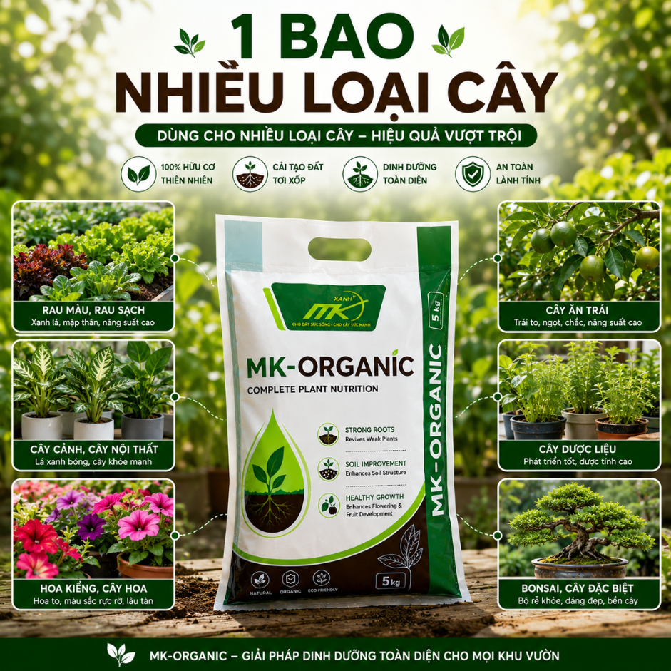 Phân Bón Hữu Cơ MK Organic 5KG Dạng Bột – Kích Rễ Mạnh, Cải Tạo Đất, Dưỡng Cây Xanh Tốt Cho Cây Cảnh,Rau Sạch