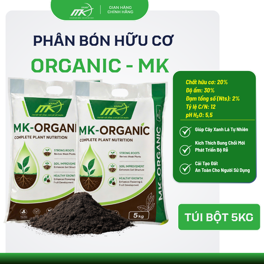 Phân Bón Hữu Cơ MK Organic 5KG Dạng Bột – Kích Rễ Mạnh, Cải Tạo Đất, Dưỡng Cây Xanh Tốt Cho Cây Cảnh,Rau Sạch