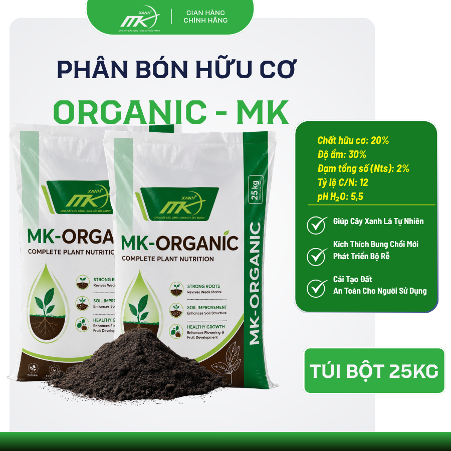 Phân Bón Hữu Cơ Organic MK Xanh 25KG Dạng Bột – Xanh Lá, Bung Chồi, Rễ Khỏe Cho Cây Cảnh